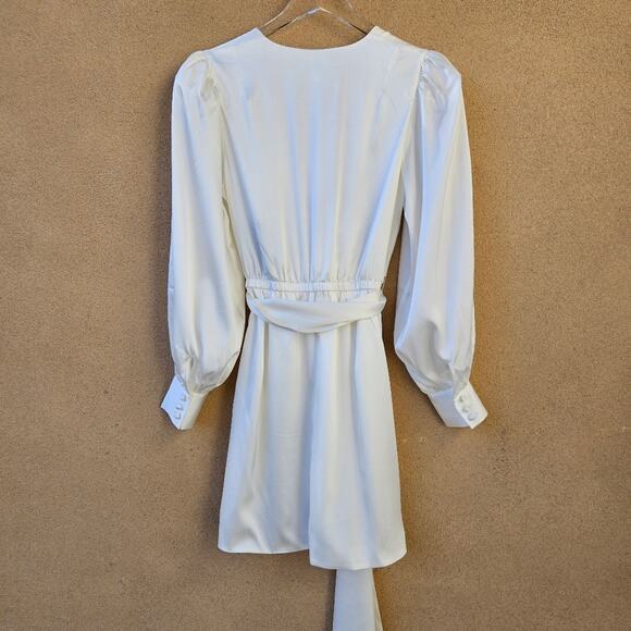 Retrofete Long Sleeve Ivory White Mini Dress Waist Tie Satin Silk Sz Small - Picture 10 of 14